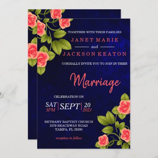 ダークブルーとサンゴバラ花 招待状 (正面/裏面)
