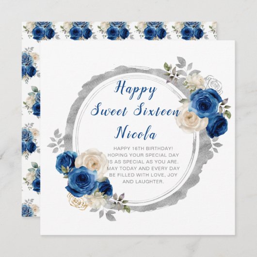 ダークブルーとシルバーのエレガントな花 スイート16 カード (正面/裏面)