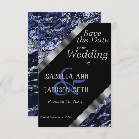 ダークブルーとシルバー結婚の大理石 セーブザデート (正面/裏面)