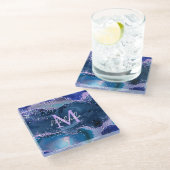 ダークブルーとパープルのグリッター海ゲート ガラスコースター (アングル)