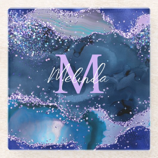 ダークブルーとパープルのグリッター海ゲート ガラスコースター (正面)