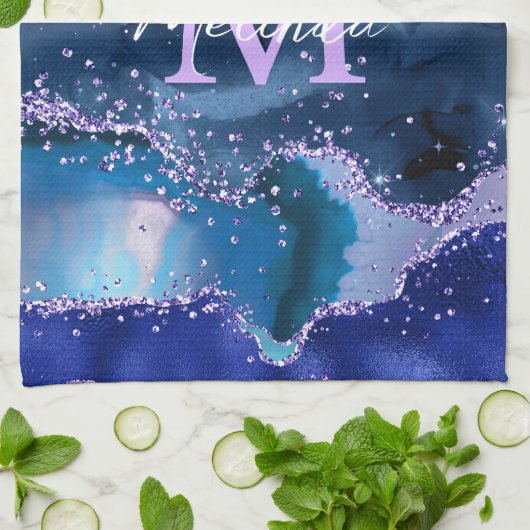 ダークブルーとパープルのグリッター海ゲート キッチンタオル (折り畳み)