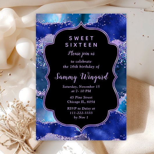 ダークブルーとパープルの海アガートSweet sixteen 招待状