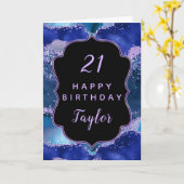 ダークブルーとパープル海アゲートハッピーバースデー カード (黄色い花)