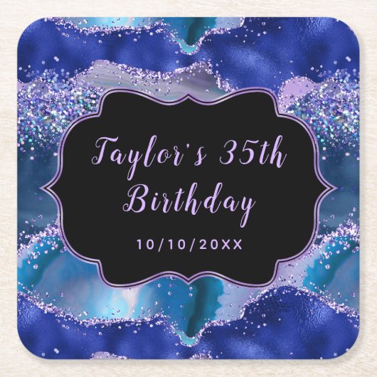 ダークブルーとパープル海アゲート誕生日 スクエアペーパーコースター (正面)