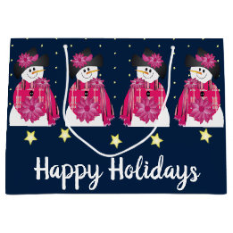 ダークブルーとピンクの雪だるま ラージペーパーバッグ