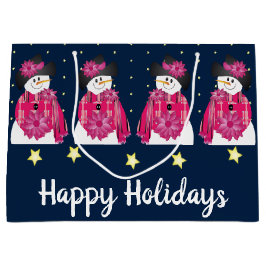 ダークブルーとピンクの雪だるま ラージペーパーバッグ