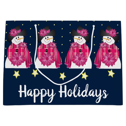 ダークブルーとピンクの雪だるま ラージペーパーバッグ (正面)