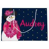 ダークブルーとピンク雪だるま ラージペーパーバッグ (正面)
