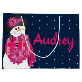 ダークブルーとピンク雪だるま ラージペーパーバッグ