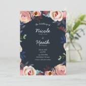 ダークブルーとフラッシュピンクの水彩花柄のウェディング 招待状 (スタンド正面)