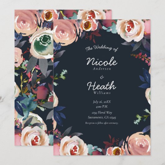 ダークブルーとフラッシュピンクの水彩花柄のウェディング 招待状 (正面/裏面)