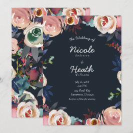 ダークブルーとフラッシュピンクの水彩花柄のウェディング 招待状