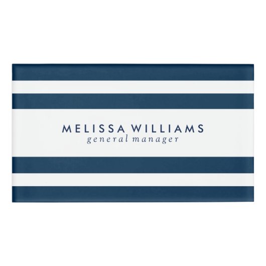 ダークブルーとホワイトのストライプデザイン 名札 (正面)