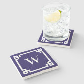 ダークブルーとホワイトギリシャ鍵モノグラ縁どム ストーンコースター (横)