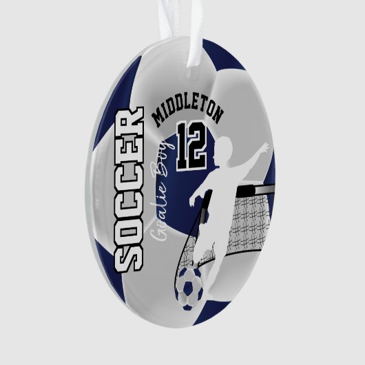 ダークブルーとホワイトサッカーのゴアリー少年 オーナメント (正面)