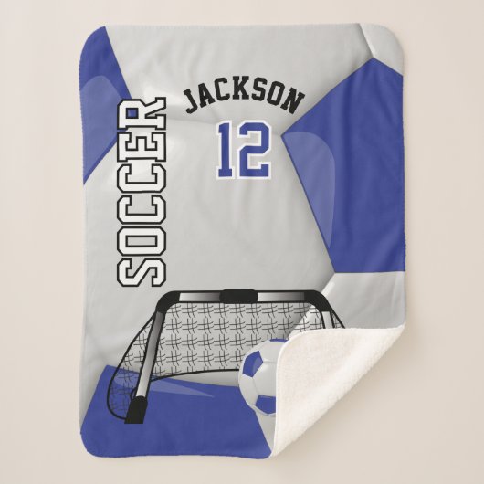 ダークブルーとホワイトサッカーボール(DIY文字) シェルパブランケット (正面)