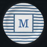 ダークブルーとホワイトストライプズカスタムモノグラム ペーパープレート<br><div class="desc">キュートガーリーなシンプルモダン紙のダークブルーと白を剥き取ったプレートあなたのモノグラムの名前やイニシャルとカスタム、あなたの次の特別な誕生日パーティー、オフィスのお祝い、屋外バーベキュー、赤ちゃんシャワー結婚やs!紙。おカスタマイズ前のお気に入りのフォントと色で紙のプレートにユニークなる！</div>