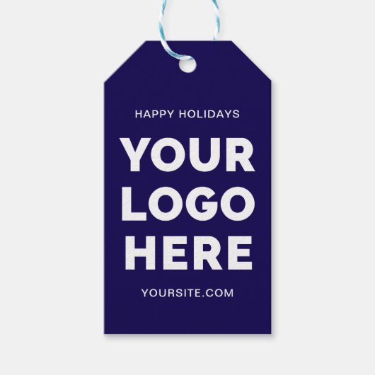 ダークブルーとホワイトビジネスロゴハッピーホリデー ギフトタグ (正面)