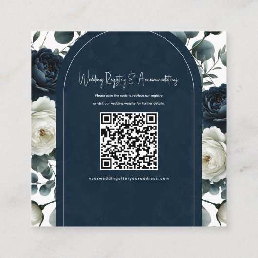 ダークブルーとホワイトモダンフローラ結婚の詳細 スクエア名刺 (裏面)