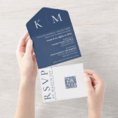 ダークブルーとホワイトモノグラムの結婚式の招待 –  オールインワン招待状 (貼ってはがせる)