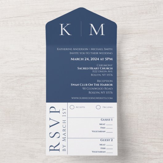 ダークブルーとホワイトモノグラム結婚の –  オールインワン招待状 (内側)