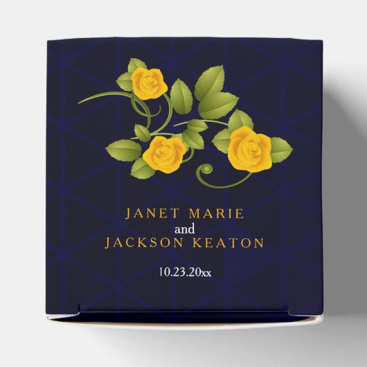 ダークブルーとマリゴールドの黄色いバラ結婚の花 フェイバーボックス (上部)