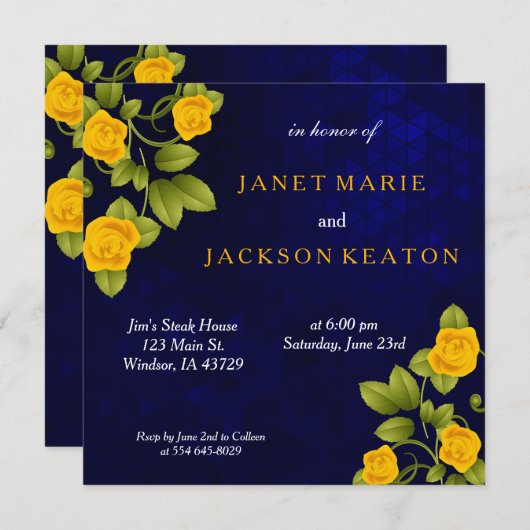 ダークブルーとマリゴールドの黄色いバラ結婚の花 招待状 (正面/裏面)