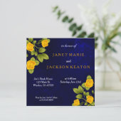 ダークブルーとマリゴールドの黄色いバラ結婚の花 招待状 (スタンド正面)