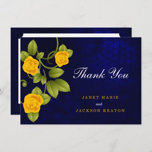 ダークブルーとマリゴールド・イエロー結婚・ローズ サンキューカード (正面/裏面)