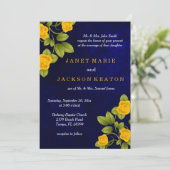 ダークブルーとマリゴールド・イエロー結婚・ローズ 招待状 (スタンド正面)