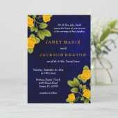 ダークブルーとマリゴールド・イエロー結婚・ローズ 招待状 (スタンド正面)