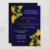 ダークブルーとマリゴールド・イエロー結婚・ローズ 招待状 (正面/裏面)