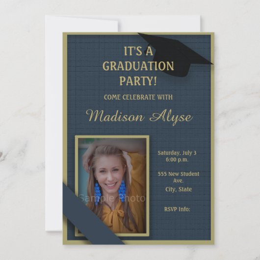 ダークブルーとモスグリーン卒業パーティーの写真 招待状 (正面)