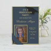 ダークブルーとモスグリーン卒業パーティーの写真 招待状 (スタンド正面)