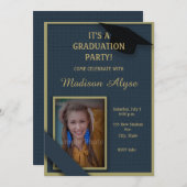 ダークブルーとモスグリーン卒業パーティーの写真 招待状 (正面/裏面)