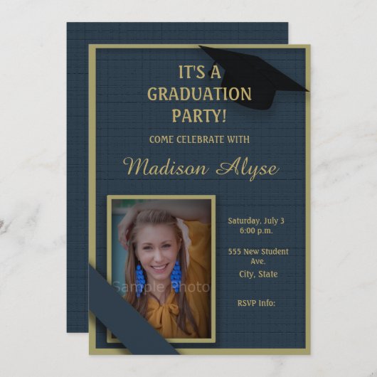 ダークブルーとモスグリーン卒業パーティーの写真 招待状 (正面/裏面)