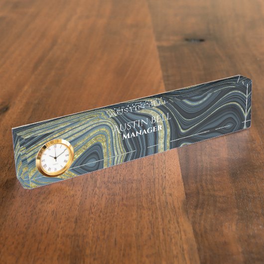 ダークブルーとライトブルーと金ゴールド大理石パーソナライズされた デスクネームプレート (側面)