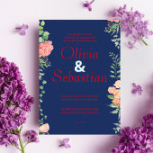 ダークブルーとレッドタイポグラフィエレガントな結婚式 招待状