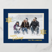 ダークブルーと金ゴールドの美しいアートスノーフレーク 箔シーズンポストカード (正面)