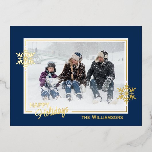 ダークブルーと金ゴールドの美しいアートスノーフレーク 箔シーズンポストカード (正面)