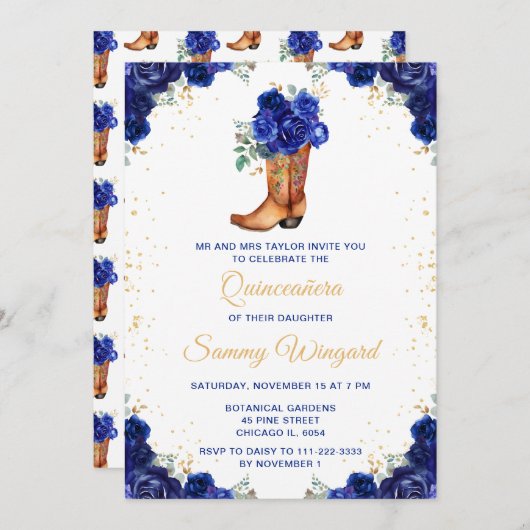 ダークブルーと金ゴールドフローラカウボーイブートキンセアニラ 招待状 (正面/裏面)