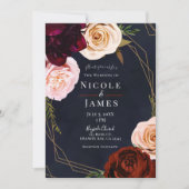 ダークブルーと金ゴールドモダン素朴フローラ結婚の 招待状 (正面)