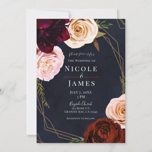 ダークブルーと金ゴールドモダン素朴フローラ結婚の 招待状 (正面)