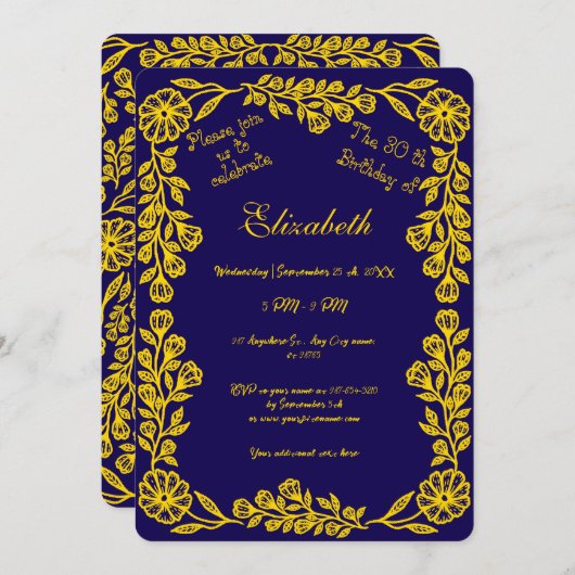ダークブルーと金ゴールド植物学フローラ30th Birthday 招待状 (正面/裏面)