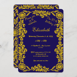 ダークブルーと金ゴールド植物学フローラ30th Birthday 招待状