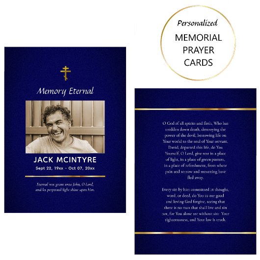 ダークブルーと金ゴールド正当葬儀祈りの言葉カード プレイスカード