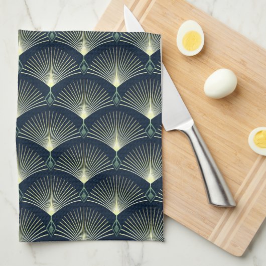 ダークブルーのアールデコスタイリッシュ幾何学的パターン キッチンタオル (四つ折り)