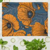 ダークブルーのオレンジケシ キッチンタオル (折り畳み)