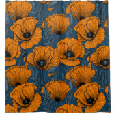 ダークブルーのオレンジケシ シャワーカーテン (正面)